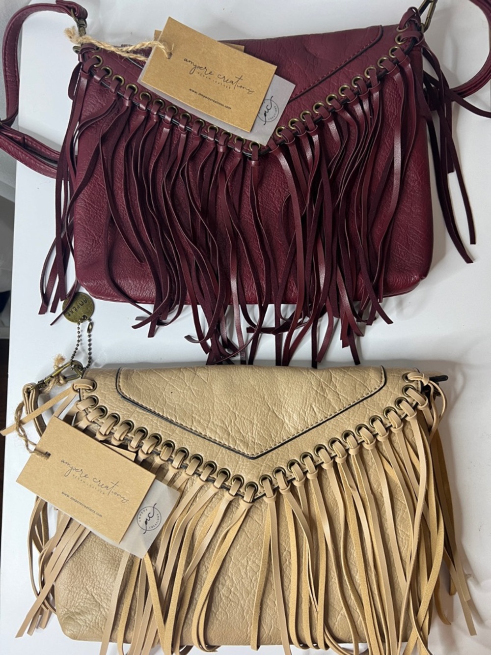 Boho Fringe Crossbody Bag - Burgundy and Beige